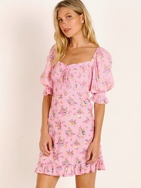 Faithfull the Brand Pink Floral Juliette Square-Neck Mini Dress ✨
